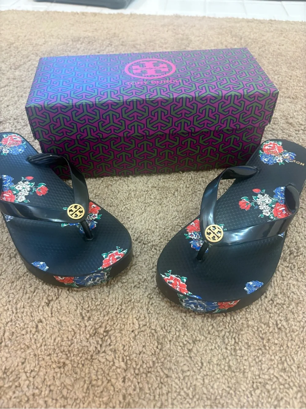 Tory Burch Black Flip Flops with Red, Blue & Green Floral Pattern - Picture 2 of 5